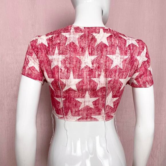 Reworked Christopher & Banks Red Star Stretchy Crop Top P/S Y2K Grunge Patriotic - Picture 3 of 7